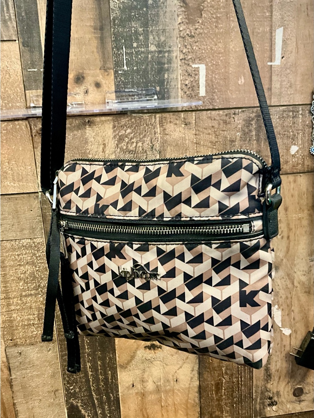 Kipling Geometric Crossbody in Beige, Black and Cream
